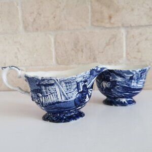 Old Foley Blue Creamer & Sugar Bowl James Kent Staffordshire 1970s Transferware